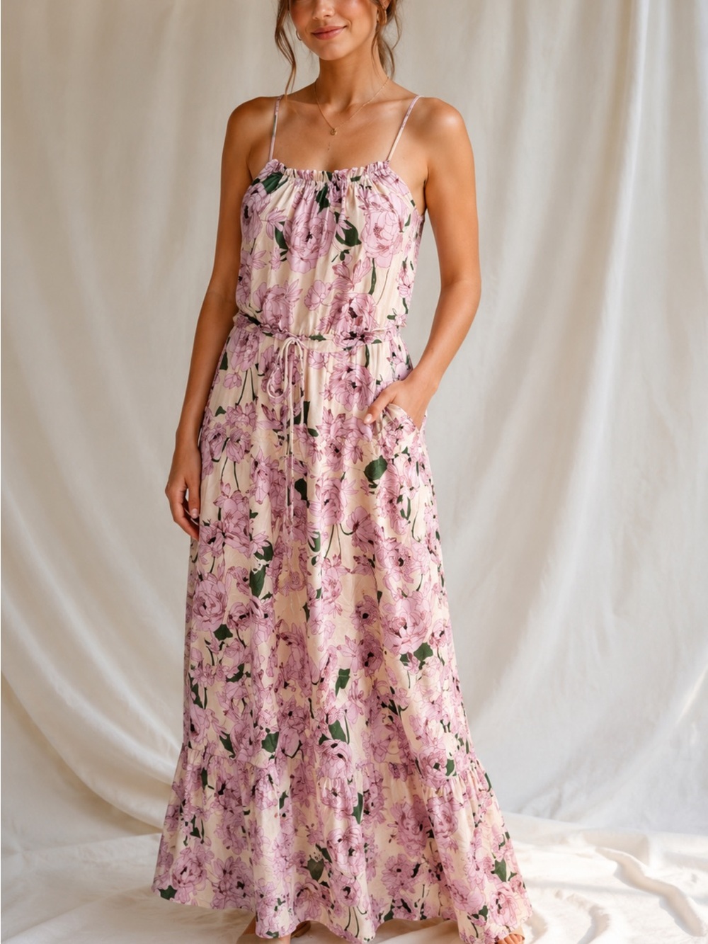 Lost + Wander Pink Floral Drawstring Maxi Dress Size Small
